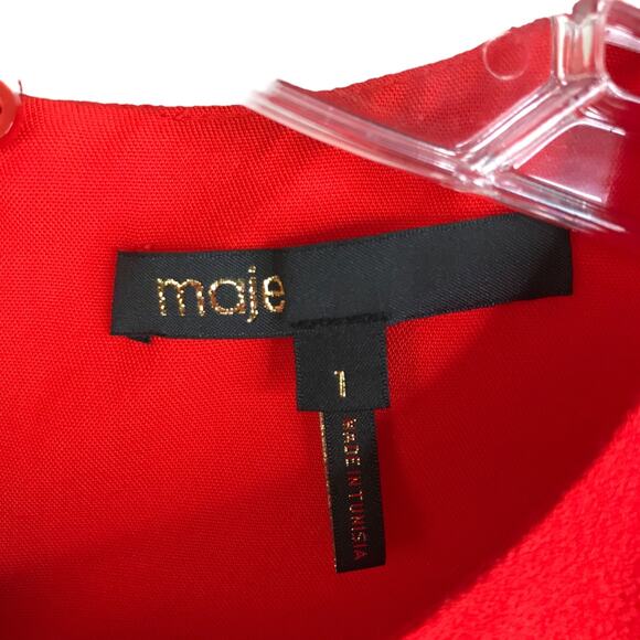 Maje Blouse Womens Sz 1 Red Sleeveless Ruffled Front One Shoulder Top Crew Neck - Picture 2 of 10